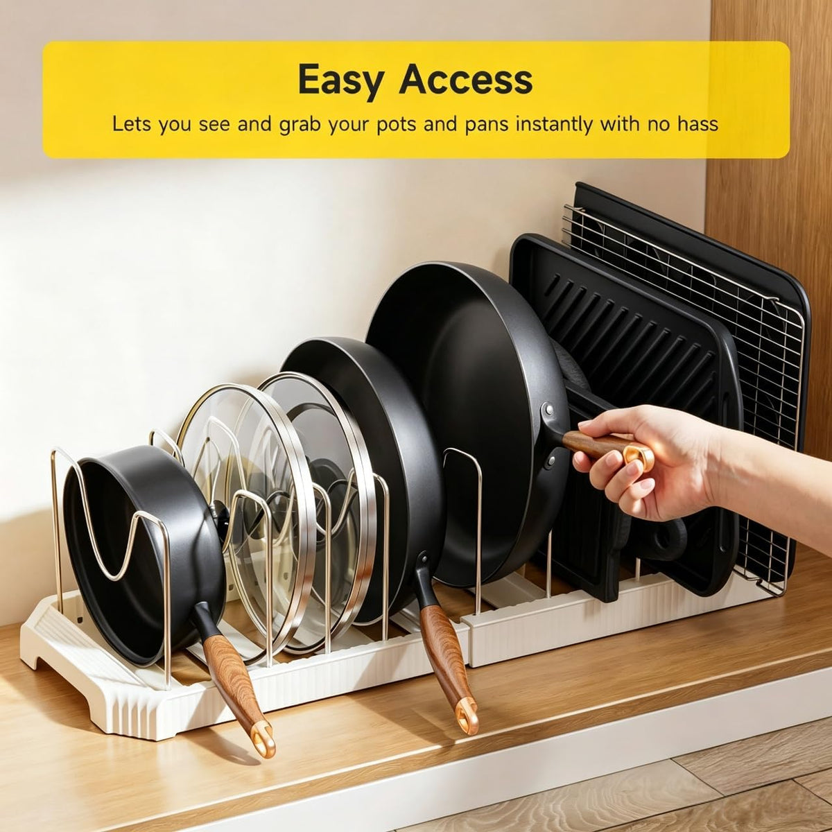 Pots and Pans Organizer under Cabinet, Pan Pot Organizer Inside Cabinet, Expandable 12.9''-21.88'' Pot Lid Organizer Holder with 10 Adjustable Dividers for Cutting Boards, Pan Lid Rack, White