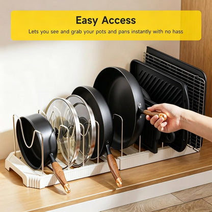 Pots and Pans Organizer under Cabinet, Pan Pot Organizer Inside Cabinet, Expandable 12.9''-21.88'' Pot Lid Organizer Holder with 10 Adjustable Dividers for Cutting Boards, Pan Lid Rack, White