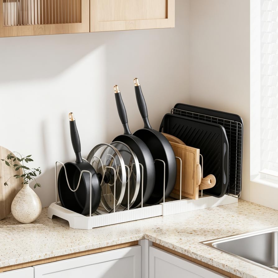 Pots and Pans Organizer under Cabinet, Pan Pot Organizer Inside Cabinet, Expandable 12.9''-21.88'' Pot Lid Organizer Holder with 10 Adjustable Dividers for Cutting Boards, Pan Lid Rack, White