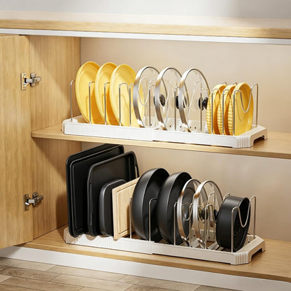 Pots and Pans Organizer under Cabinet, Pan Pot Organizer Inside Cabinet, Expandable 12.9''-21.88'' Pot Lid Organizer Holder with 10 Adjustable Dividers for Cutting Boards, Pan Lid Rack, White
