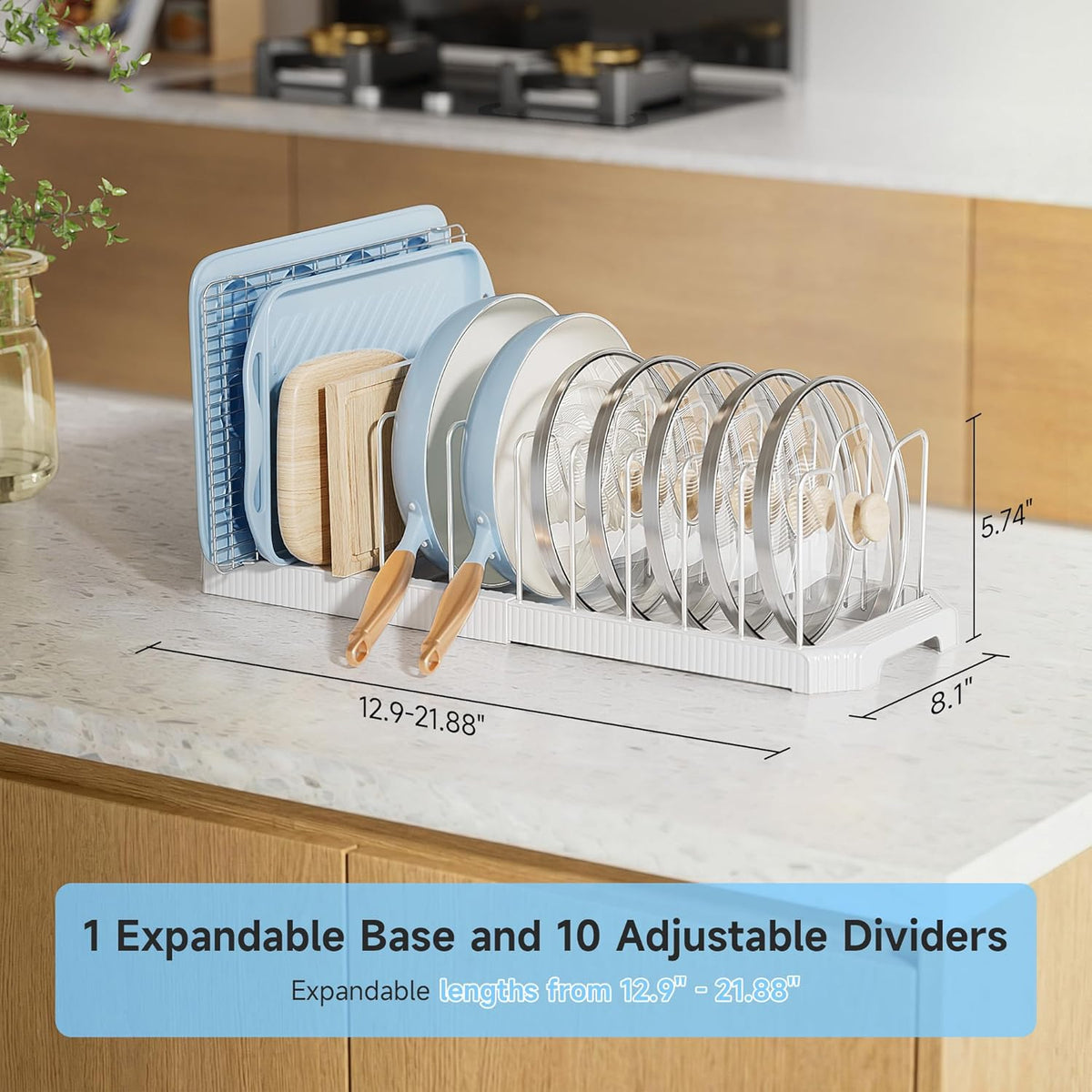 Pots and Pans Organizer under Cabinet, Pan Pot Organizer Inside Cabinet, Expandable 12.9''-21.88'' Pot Lid Organizer Holder with 10 Adjustable Dividers for Cutting Boards, Pan Lid Rack, White