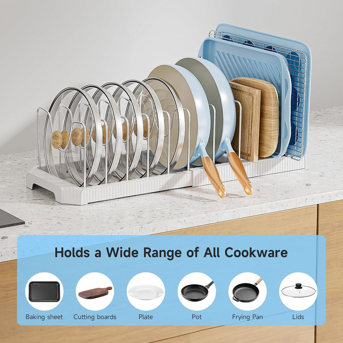 Pots and Pans Organizer under Cabinet, Pan Pot Organizer Inside Cabinet, Expandable 12.9''-21.88'' Pot Lid Organizer Holder with 10 Adjustable Dividers for Cutting Boards, Pan Lid Rack, White