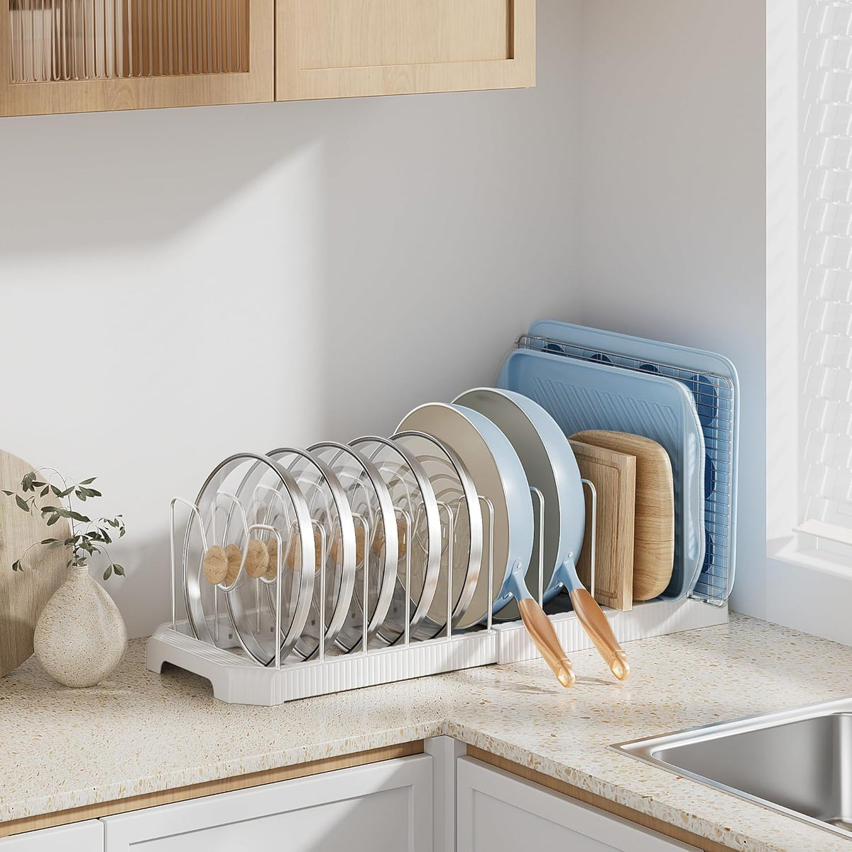 Pots and Pans Organizer under Cabinet, Pan Pot Organizer Inside Cabinet, Expandable 12.9''-21.88'' Pot Lid Organizer Holder with 10 Adjustable Dividers for Cutting Boards, Pan Lid Rack, White