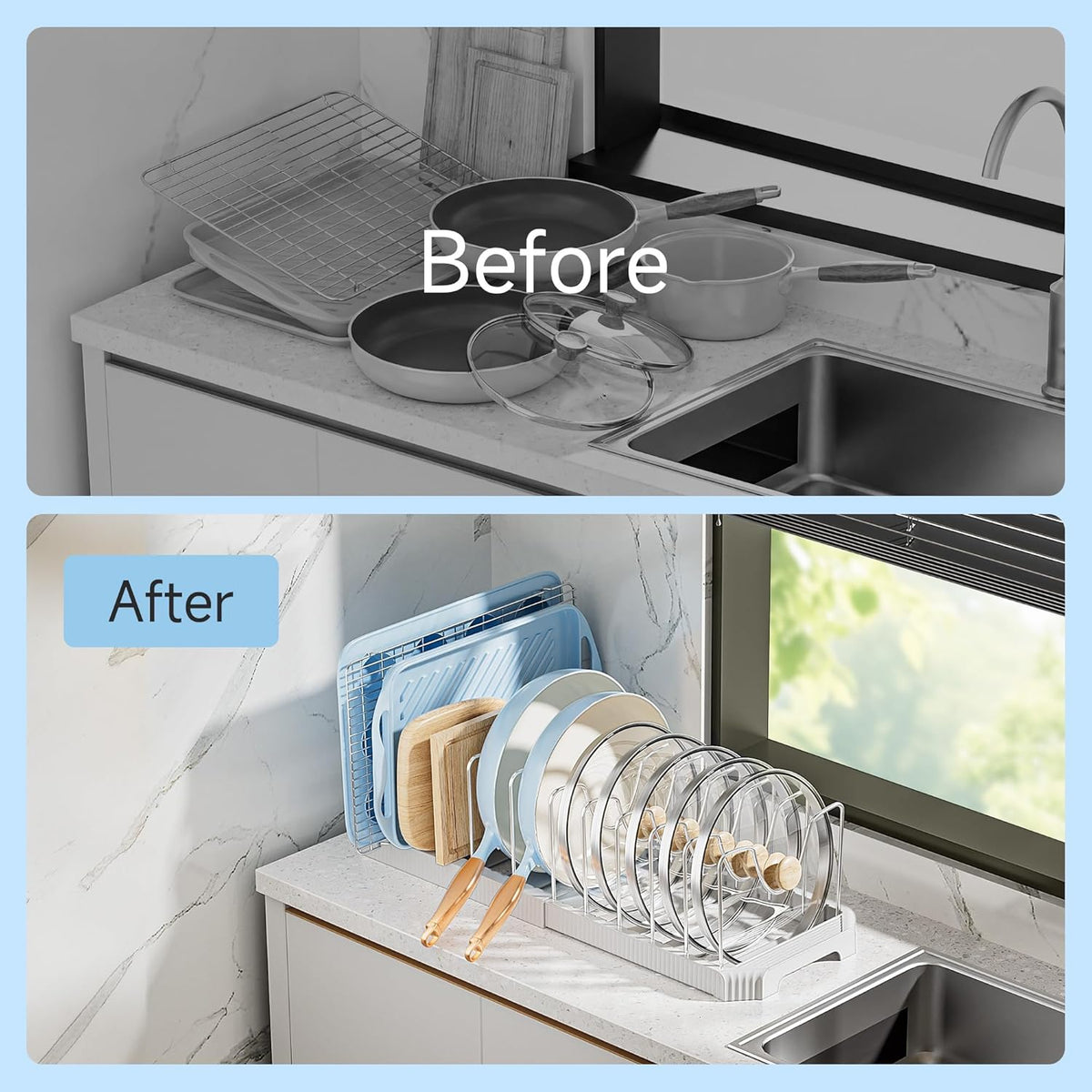 Pots and Pans Organizer under Cabinet, Pan Pot Organizer Inside Cabinet, Expandable 12.9''-21.88'' Pot Lid Organizer Holder with 10 Adjustable Dividers for Cutting Boards, Pan Lid Rack, White