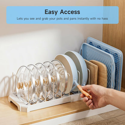 Pots and Pans Organizer under Cabinet, Pan Pot Organizer Inside Cabinet, Expandable 12.9''-21.88'' Pot Lid Organizer Holder with 10 Adjustable Dividers for Cutting Boards, Pan Lid Rack, White
