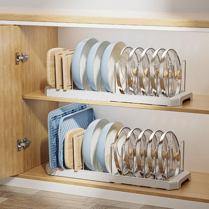 Pots and Pans Organizer under Cabinet, Pan Pot Organizer Inside Cabinet, Expandable 12.9''-21.88'' Pot Lid Organizer Holder with 10 Adjustable Dividers for Cutting Boards, Pan Lid Rack, White