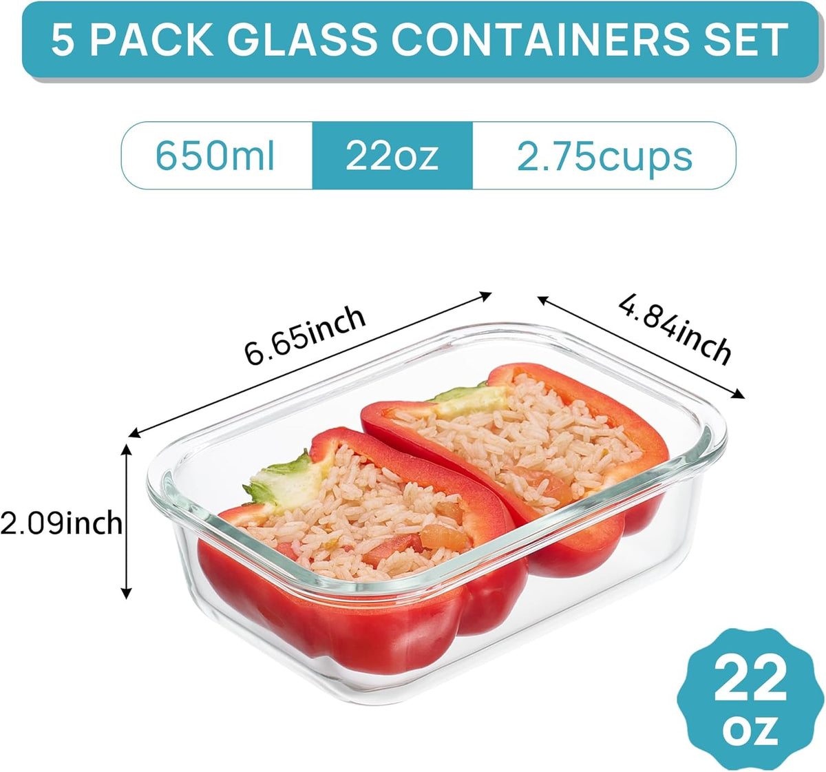 5Pack 22oz Glass Storage Containers with Lids, Grey