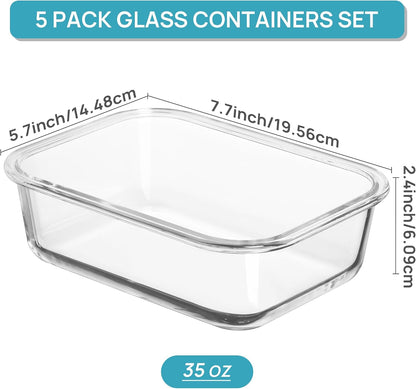 5Pack 22oz Glass Storage Containers with Lids, Grey