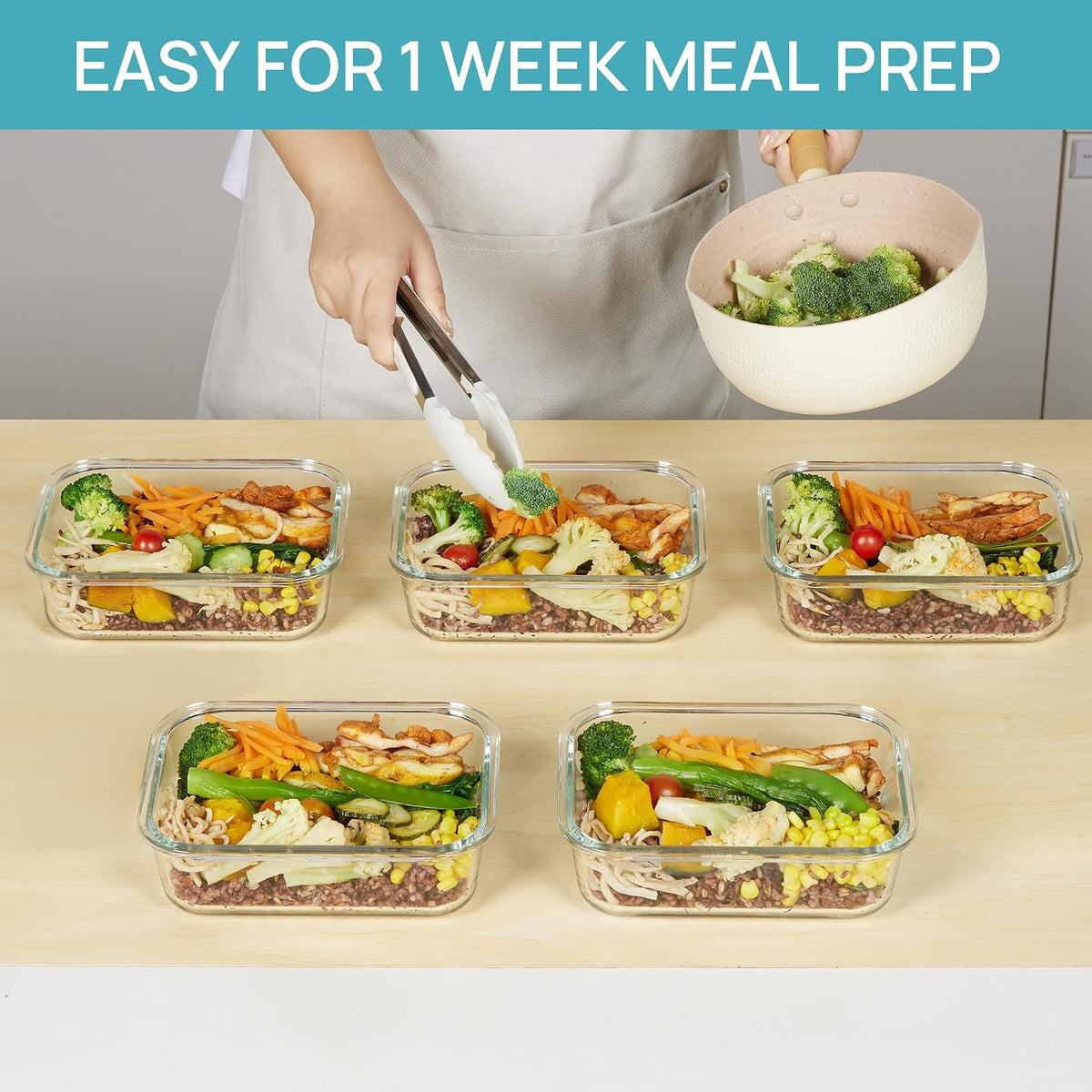 5Pack 22oz Glass Storage Containers with Lids, Grey