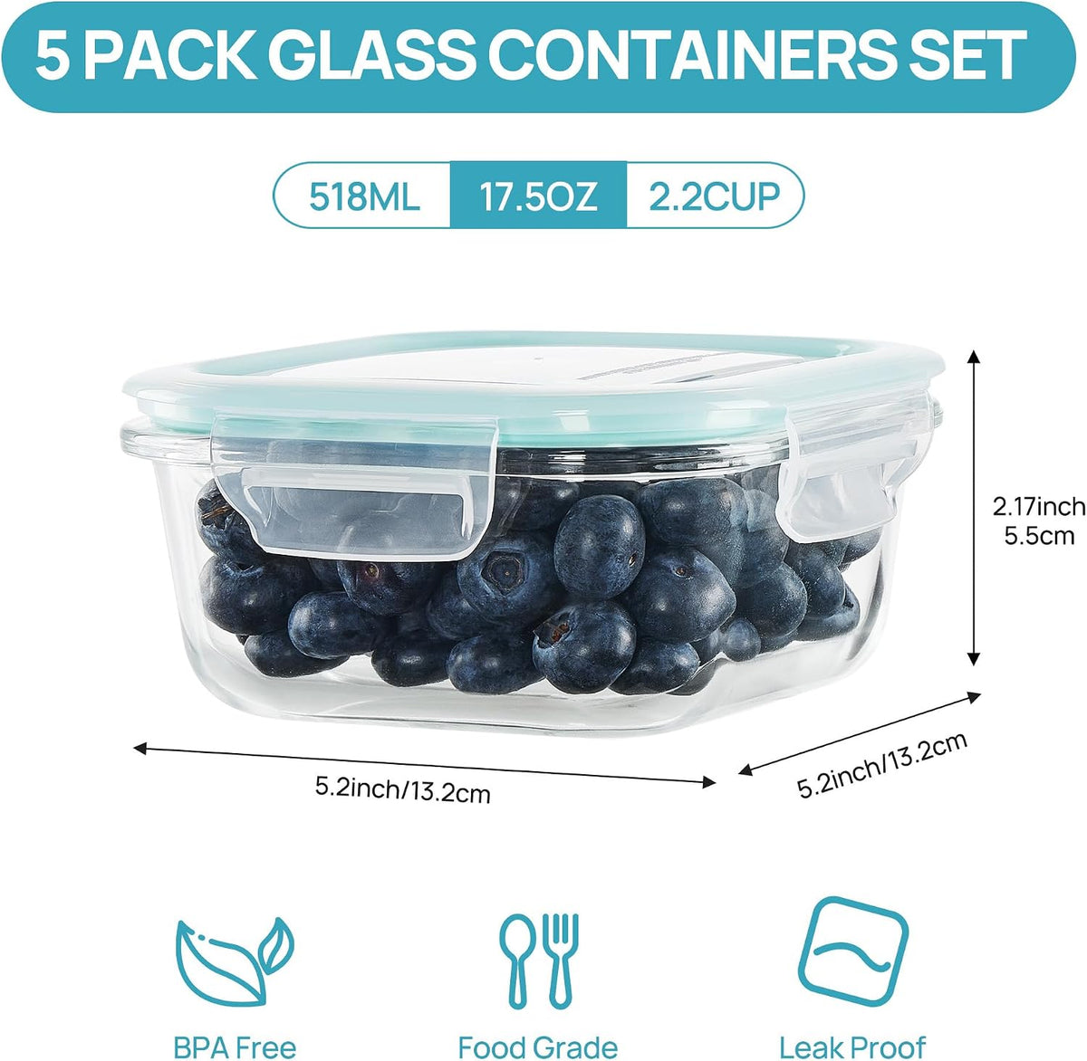 5Pack 22oz Glass Storage Containers with Lids, Grey