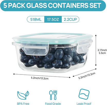 5Pack 22oz Glass Storage Containers with Lids, Grey