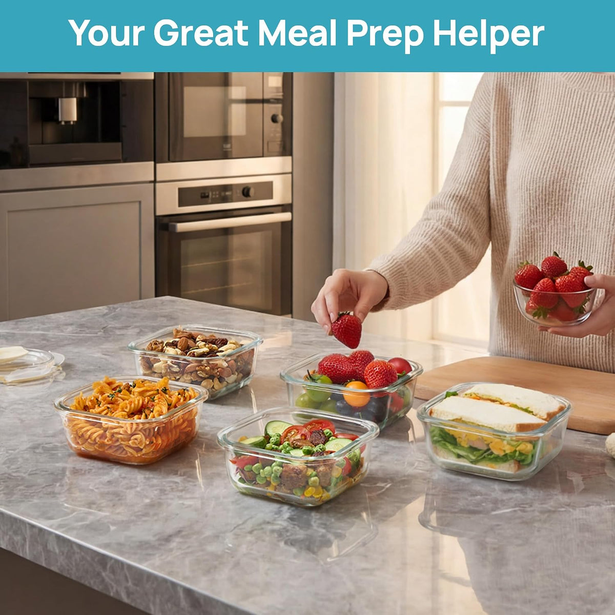 5Pack 22oz Glass Storage Containers with Lids, Grey