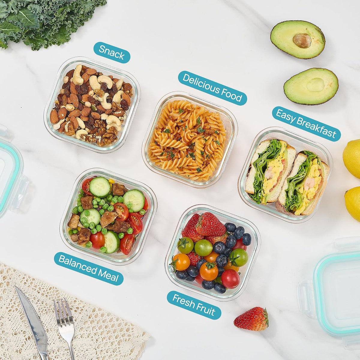 5Pack 22oz Glass Storage Containers with Lids, Grey