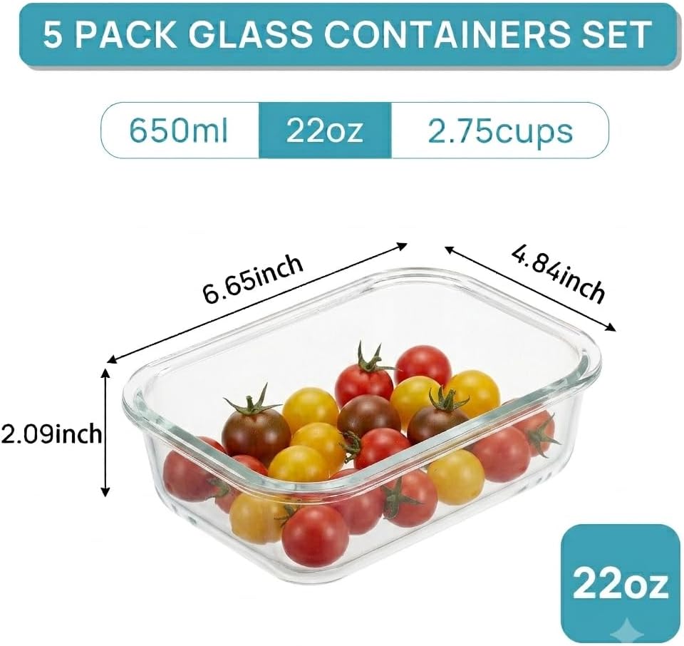 5Pack 22oz Glass Storage Containers with Lids, Grey