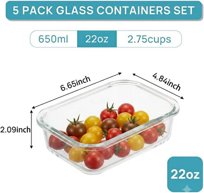 5Pack 22oz Glass Storage Containers with Lids, Grey