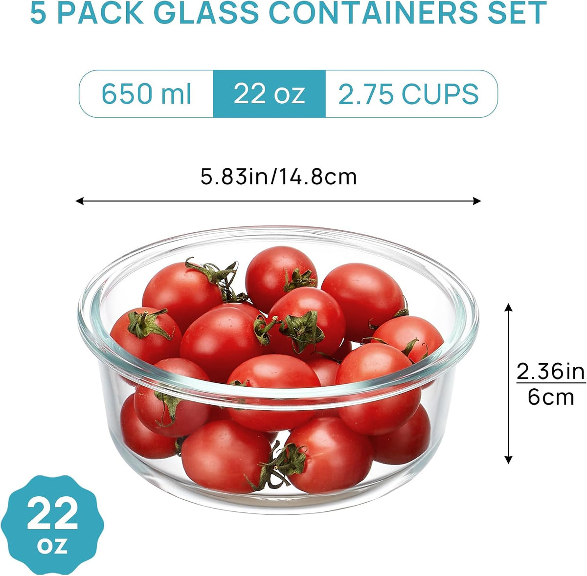 5Pack 22oz Glass Storage Containers with Lids, Grey