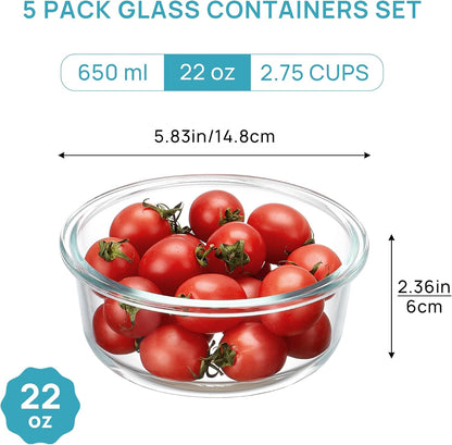 5Pack 22oz Glass Storage Containers with Lids, Grey