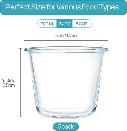 5Pack 22oz Glass Storage Containers with Lids, Grey