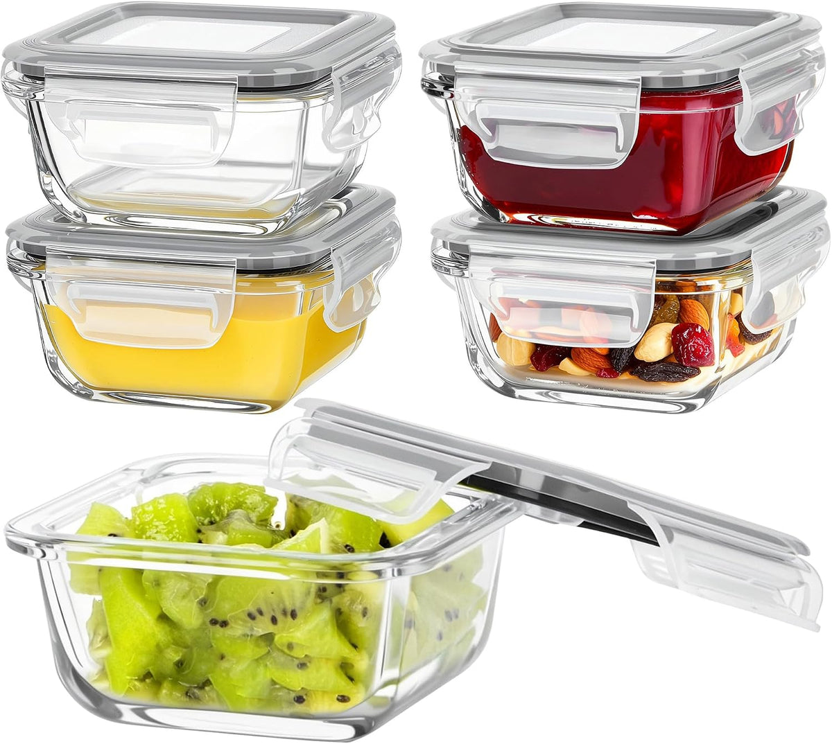 5Pack 22oz Glass Storage Containers with Lids, Grey