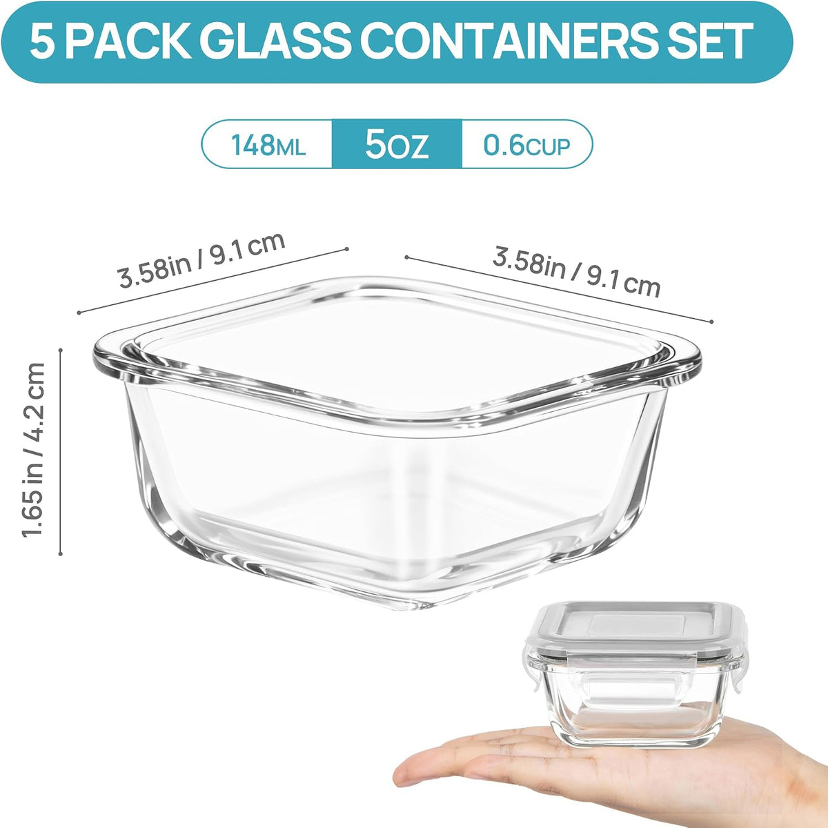 5Pack 22oz Glass Storage Containers with Lids, Grey