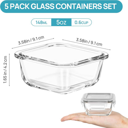 5Pack 22oz Glass Storage Containers with Lids, Grey