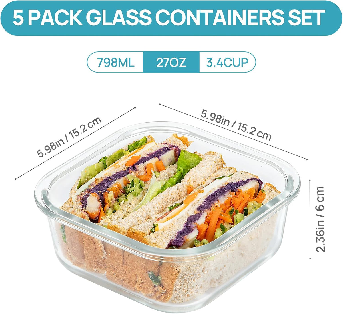 5Pack 22oz Glass Storage Containers with Lids, Grey