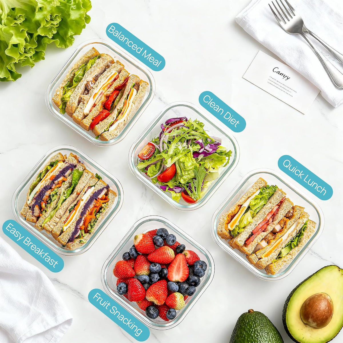 5Pack 22oz Glass Storage Containers with Lids, Grey
