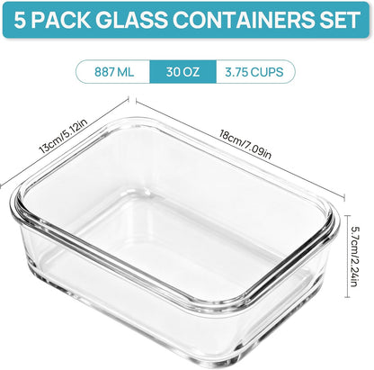 5Pack 22oz Glass Storage Containers with Lids, Grey