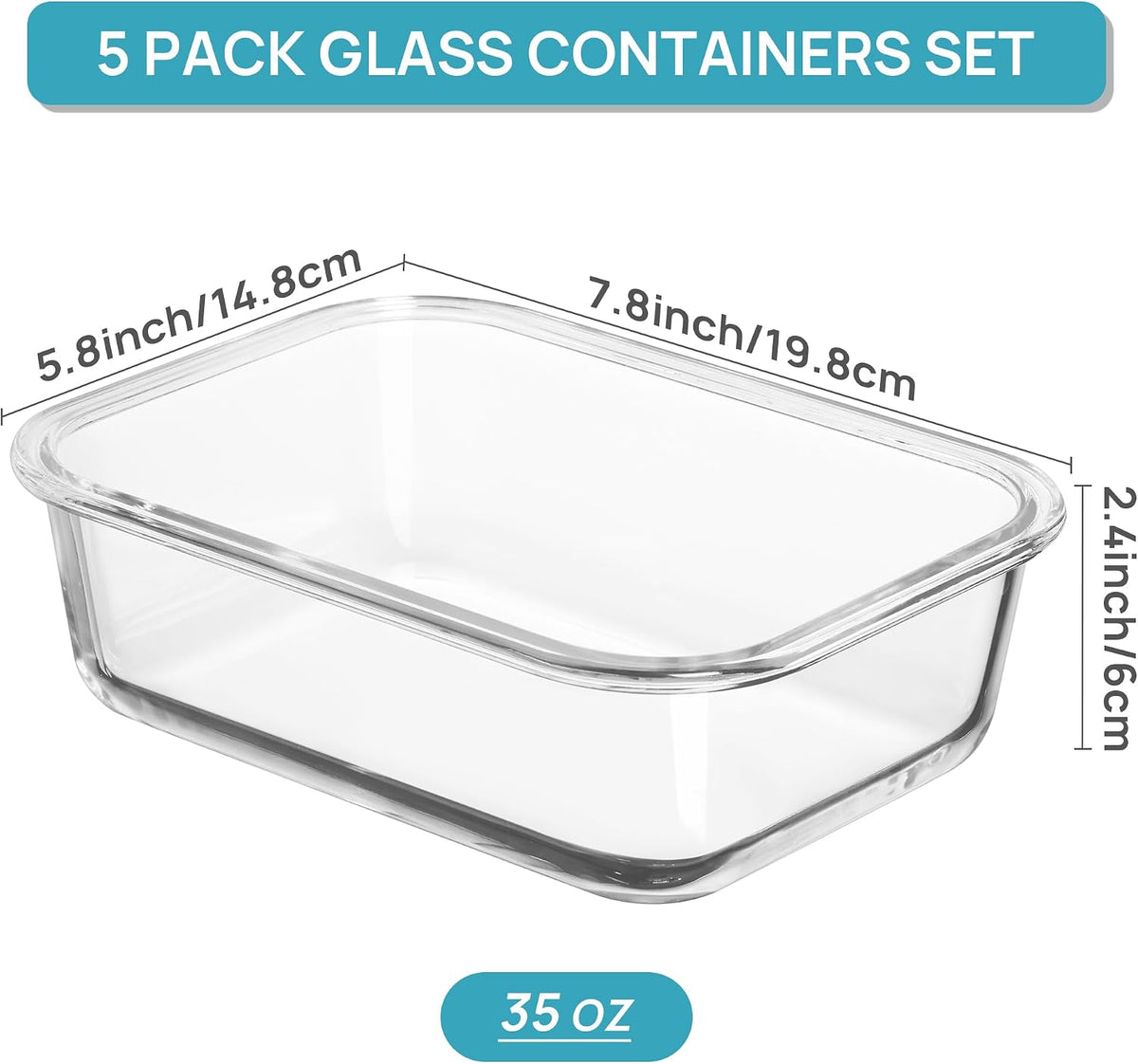 5Pack 22oz Glass Storage Containers with Lids, Grey