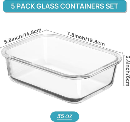 5Pack 22oz Glass Storage Containers with Lids, Grey