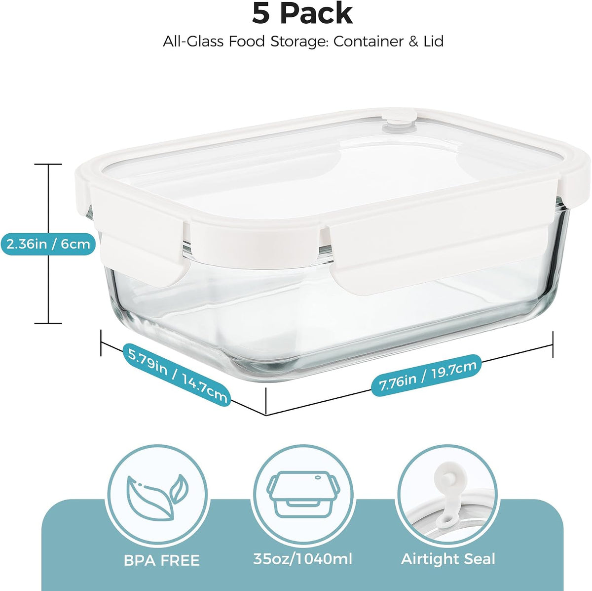 5Pack 22oz Glass Storage Containers with Lids, Grey