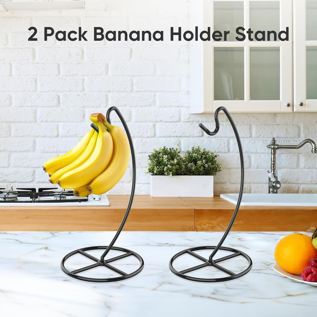 2 Pack Banana Holder, Banana Tree Stand Metal, Banana Stand Holder, Holds Up to 15LB Banana or Grape, Banana Rack for Kitchen Counter, Black