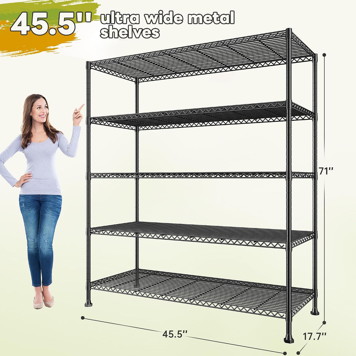Heavy Duty 5-Tier Storage Shelves, 45.5''W for Kitchen Garage Retail