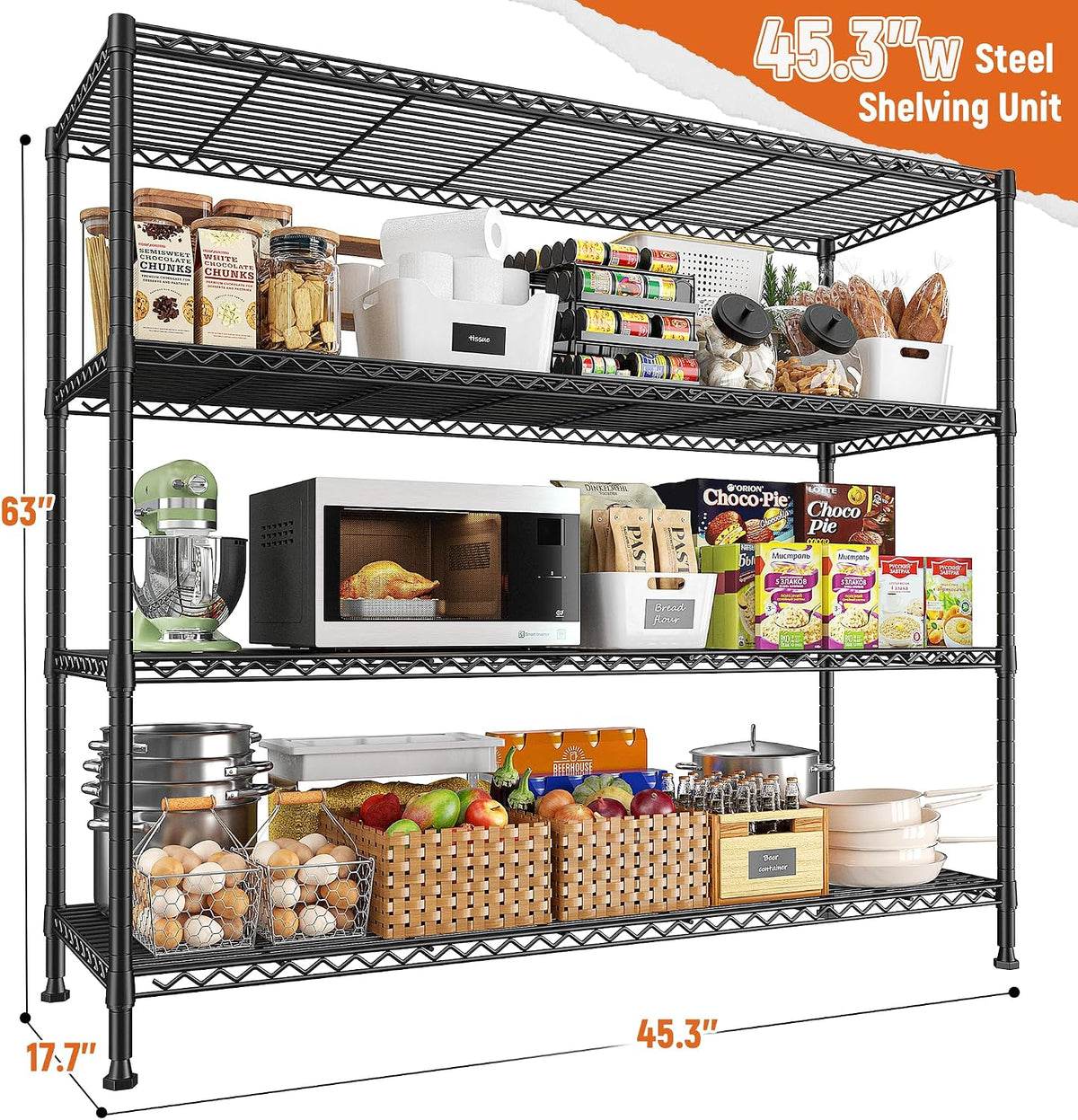 Heavy Duty 5-Tier Storage Shelves, 45.5''W for Kitchen Garage Retail