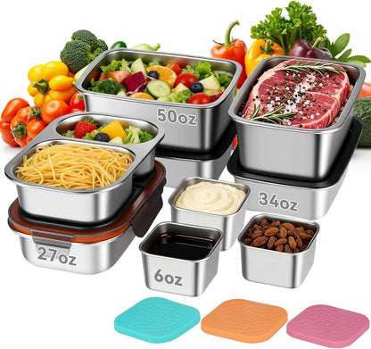 9 Pack 50/34/27/6oz Stainless Steel Salad Bowls with Lids & Dressing Cups, Leakproof Salad Containers Airtight Lunch Box, Small Snack Containers Oven/Dishwsher Safe for Meal Prep & Lunch To Go
