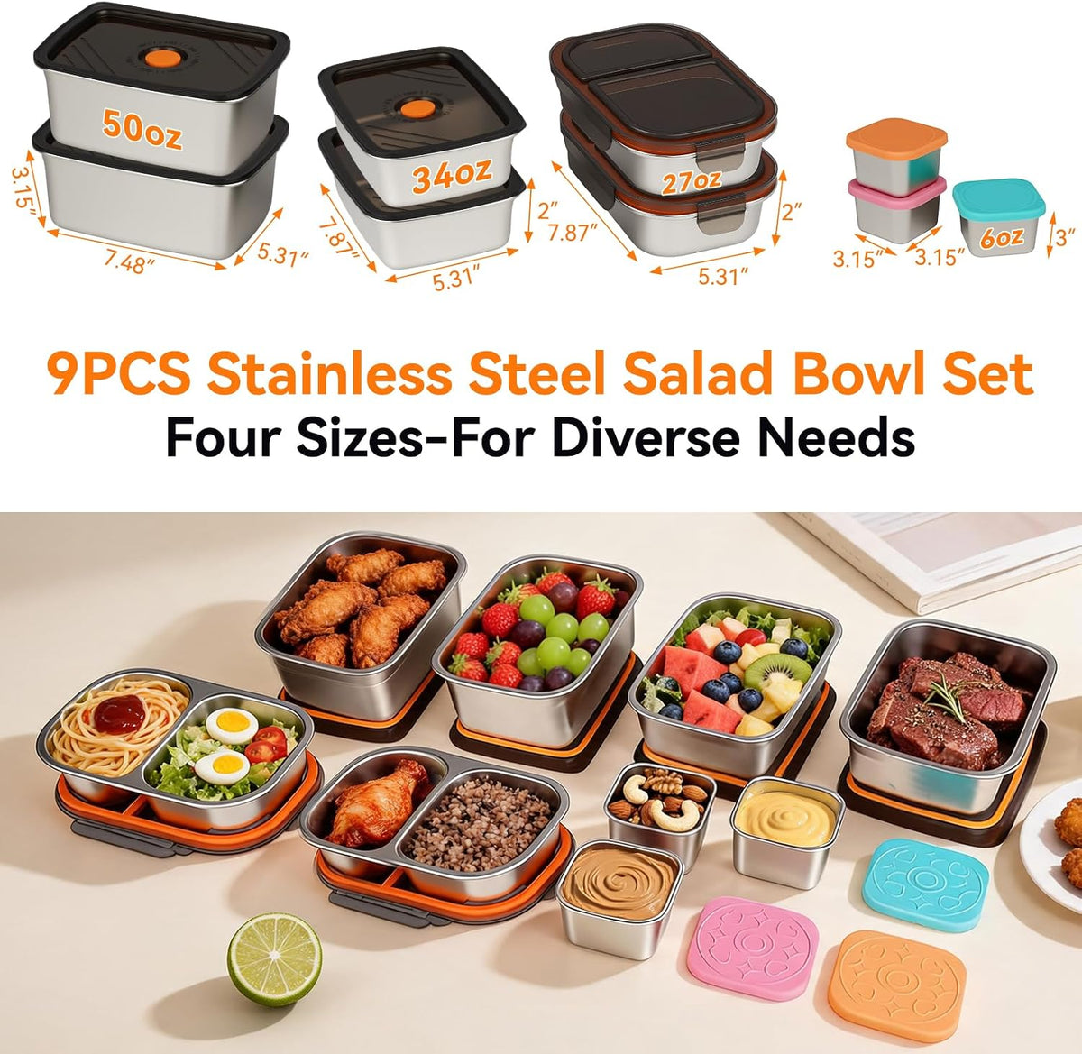 9 Pack 50/34/27/6oz Stainless Steel Salad Bowls with Lids & Dressing Cups, Leakproof Salad Containers Airtight Lunch Box, Small Snack Containers Oven/Dishwsher Safe for Meal Prep & Lunch To Go