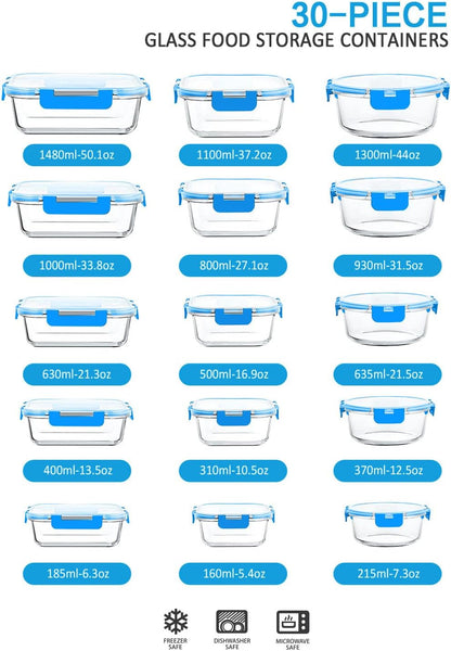 30 Pieces Glass Food Storage Containers with Snap Locking Lids,Glass Meal Prep Containers Set - Airtight Lunch Containers, Microwave, Oven, Freezer and Dishwasher