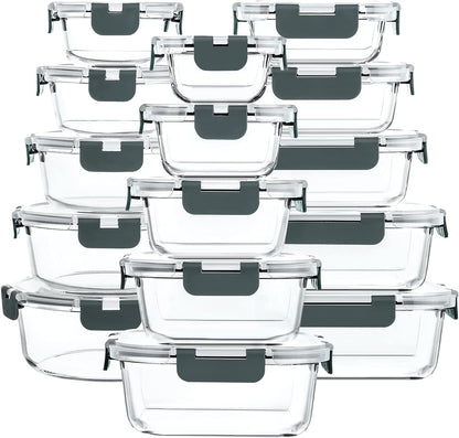30 Pieces Glass Food Storage Containers with Snap Locking Lids,Glass Meal Prep Containers Set - Airtight Lunch Containers, Microwave, Oven, Freezer and Dishwasher