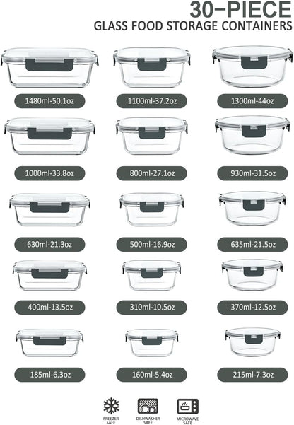 30 Pieces Glass Food Storage Containers with Snap Locking Lids,Glass Meal Prep Containers Set - Airtight Lunch Containers, Microwave, Oven, Freezer and Dishwasher