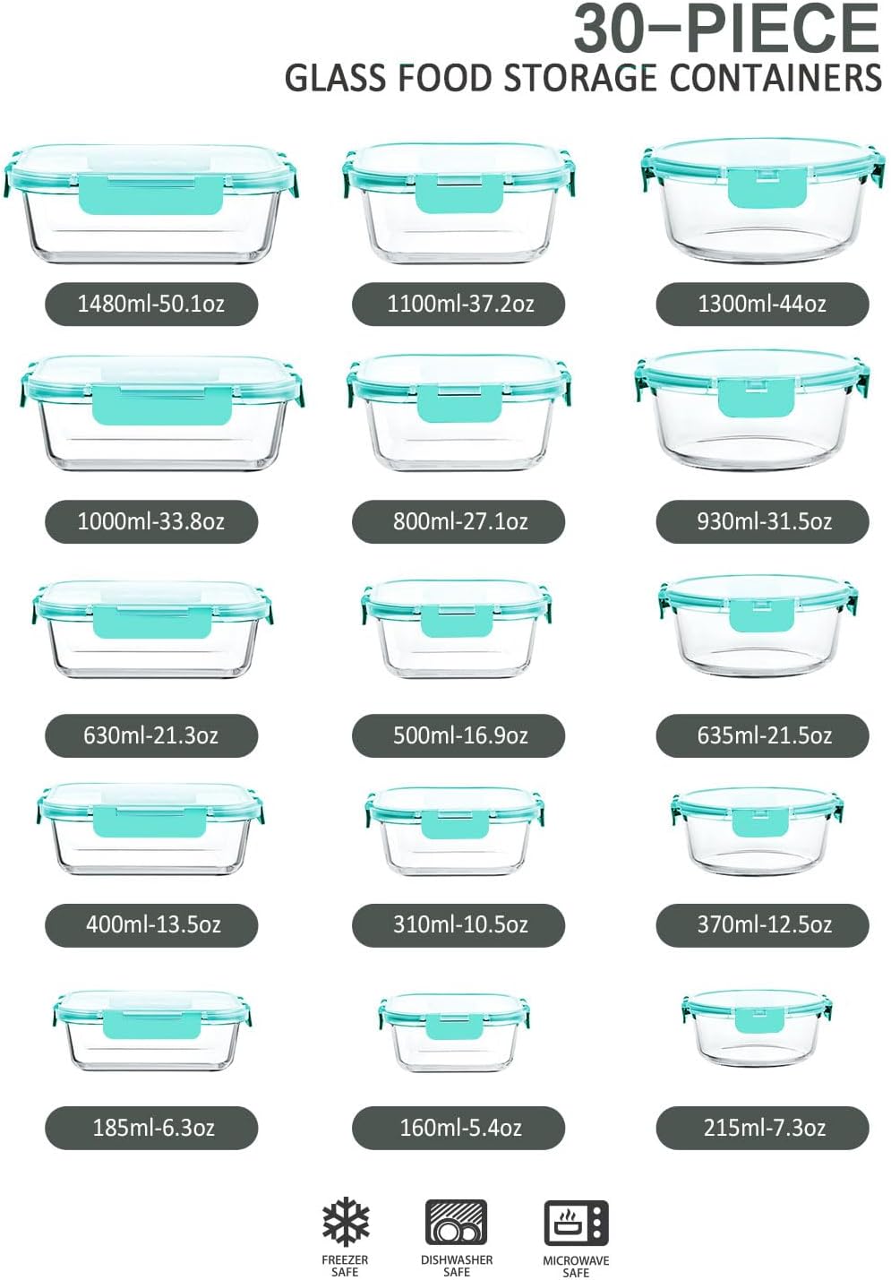 30 Pieces Glass Food Storage Containers with Snap Locking Lids,Glass Meal Prep Containers Set - Airtight Lunch Containers, Microwave, Oven, Freezer and Dishwasher