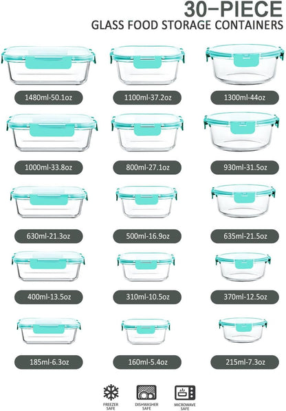 30 Pieces Glass Food Storage Containers with Snap Locking Lids,Glass Meal Prep Containers Set - Airtight Lunch Containers, Microwave, Oven, Freezer and Dishwasher