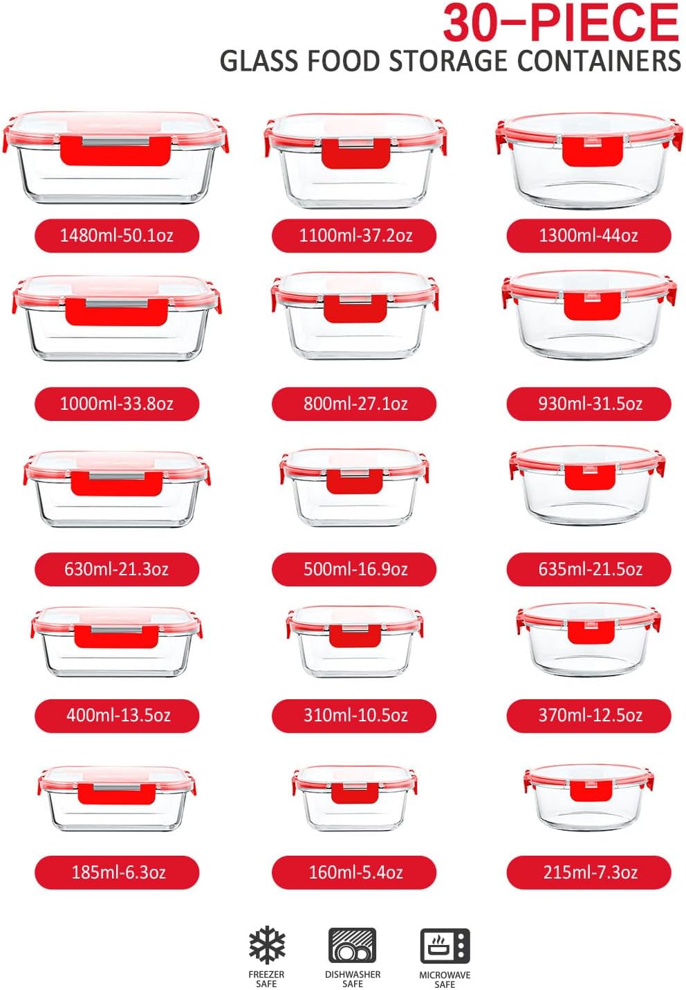 30 Pieces Glass Food Storage Containers with Snap Locking Lids,Glass Meal Prep Containers Set - Airtight Lunch Containers, Microwave, Oven, Freezer and Dishwasher