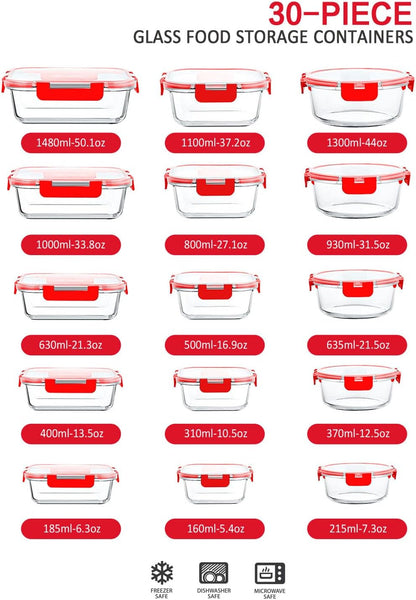 30 Pieces Glass Food Storage Containers with Snap Locking Lids,Glass Meal Prep Containers Set - Airtight Lunch Containers, Microwave, Oven, Freezer and Dishwasher