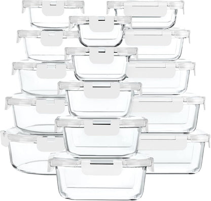30 Pieces Glass Food Storage Containers with Snap Locking Lids,Glass Meal Prep Containers Set - Airtight Lunch Containers, Microwave, Oven, Freezer and Dishwasher