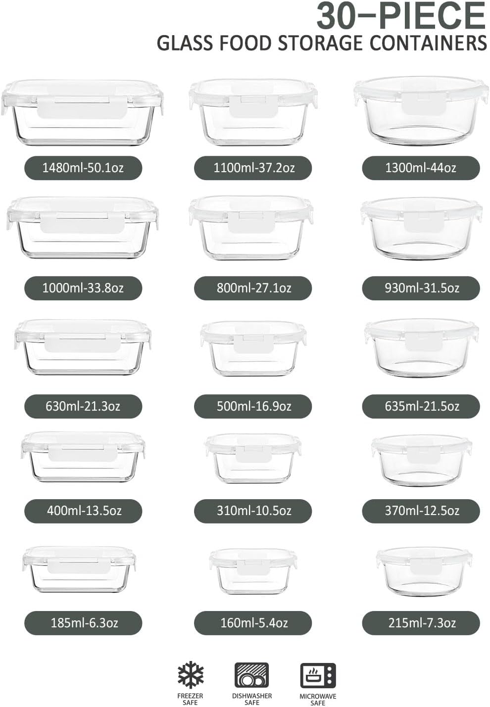 30 Pieces Glass Food Storage Containers with Snap Locking Lids,Glass Meal Prep Containers Set - Airtight Lunch Containers, Microwave, Oven, Freezer and Dishwasher