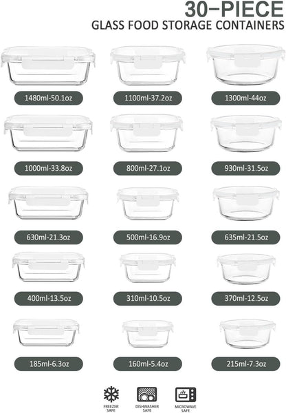 30 Pieces Glass Food Storage Containers with Snap Locking Lids,Glass Meal Prep Containers Set - Airtight Lunch Containers, Microwave, Oven, Freezer and Dishwasher