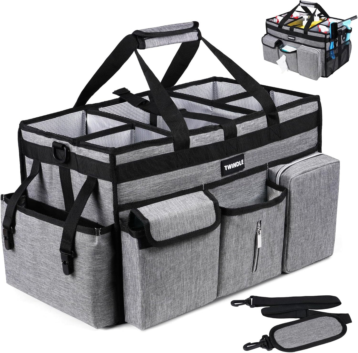 Extra Large Cleaning Caddy Bag with Rigid Support Board, Cleaning Organizer Tote with Detachable Divider, Adjustable Shoulder Strap & Waist Belt, Cleaning Supply Carrier for Cleaners & Housekeepers
