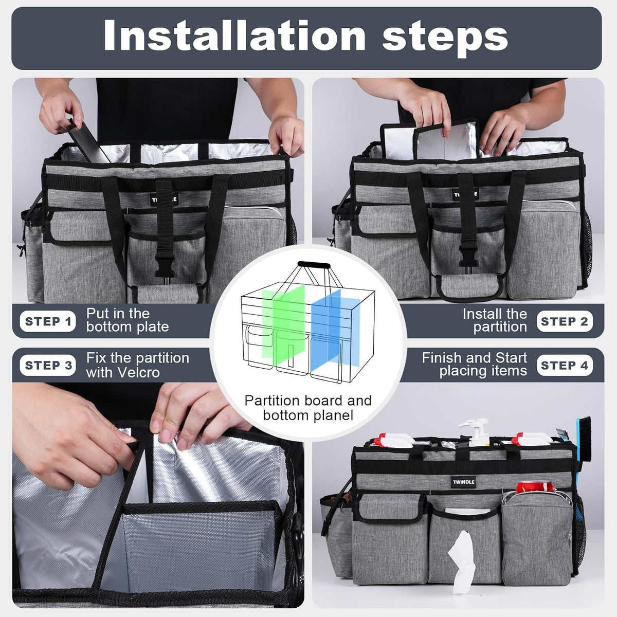 Extra Large Cleaning Caddy Bag with Rigid Support Board, Cleaning Organizer Tote with Detachable Divider, Adjustable Shoulder Strap & Waist Belt, Cleaning Supply Carrier for Cleaners & Housekeepers