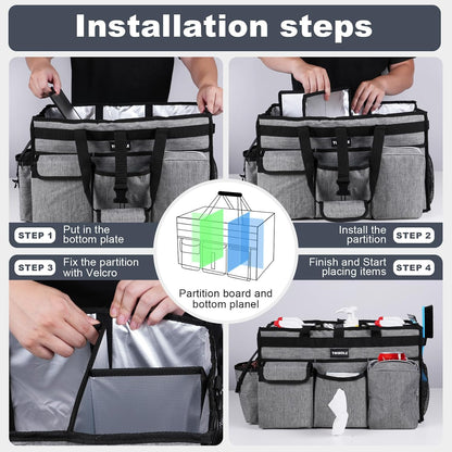Extra Large Cleaning Caddy Bag with Rigid Support Board, Cleaning Organizer Tote with Detachable Divider, Adjustable Shoulder Strap & Waist Belt, Cleaning Supply Carrier for Cleaners & Housekeepers