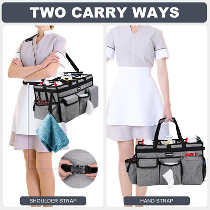 Extra Large Cleaning Caddy Bag with Rigid Support Board, Cleaning Organizer Tote with Detachable Divider, Adjustable Shoulder Strap & Waist Belt, Cleaning Supply Carrier for Cleaners & Housekeepers